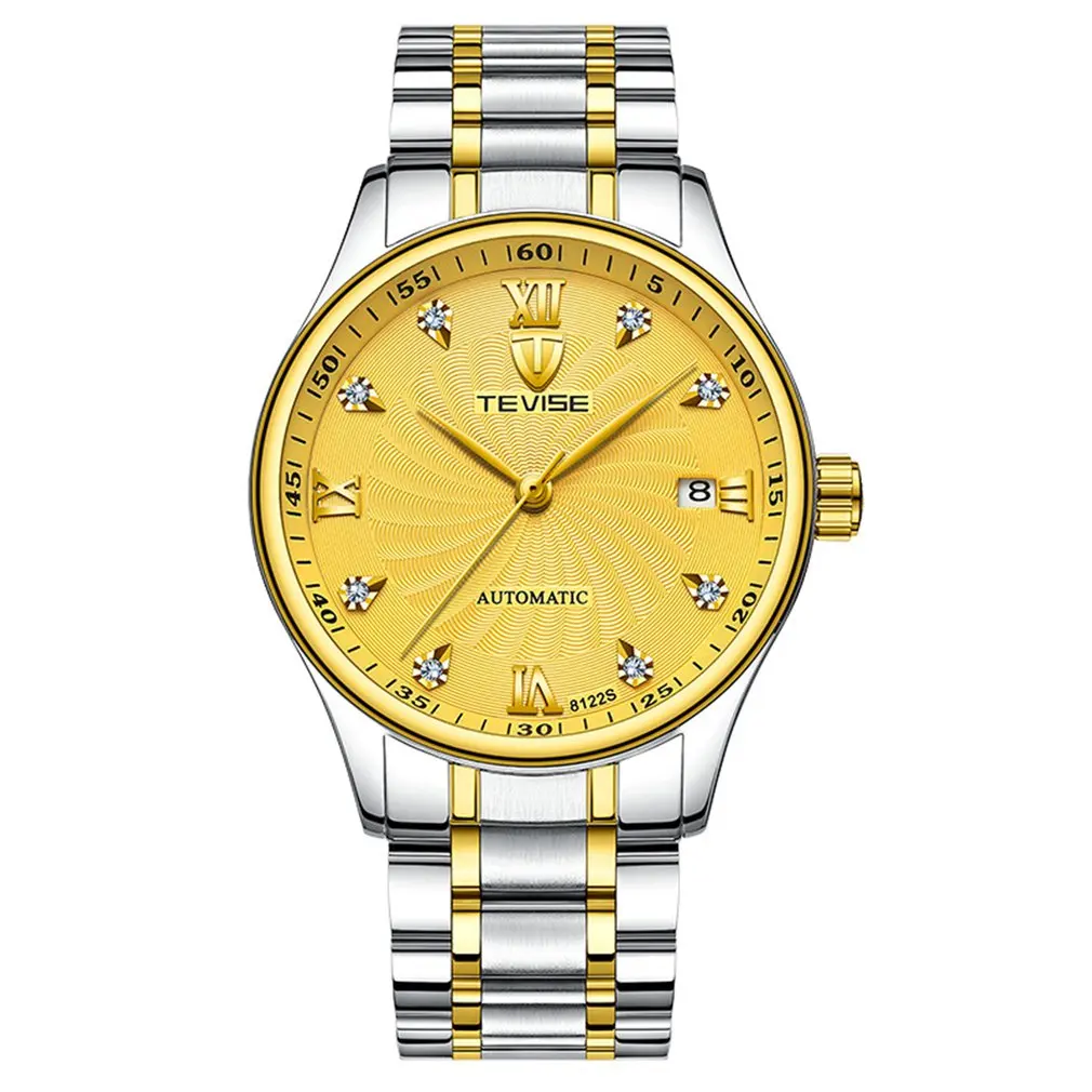 

TEVISE Men Automatic Mechanics Round Dial Rhinestone Wrist Watch Fashionable Male Casual Stainless Steel Wristwatches Best Gift