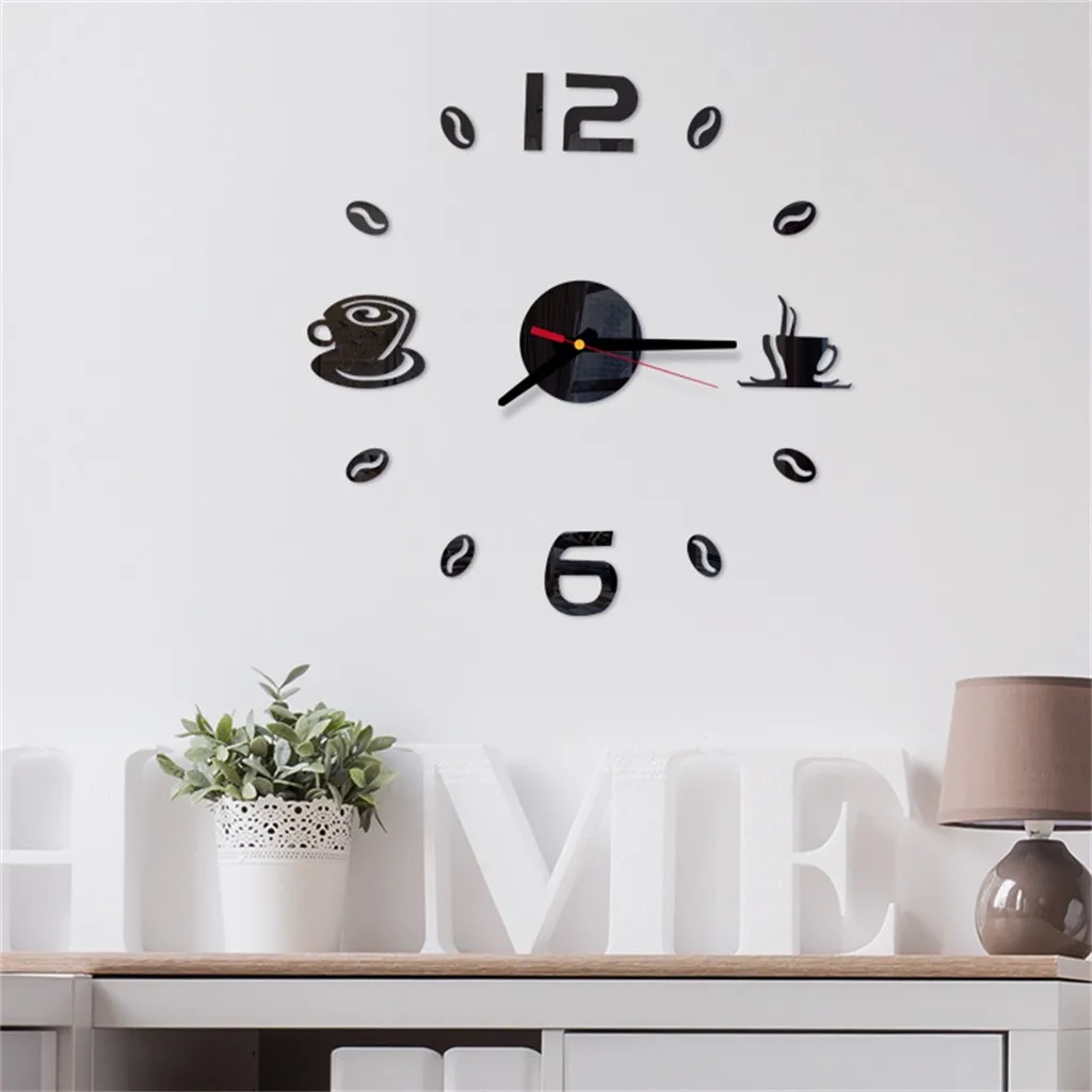 Coffee Cup Print 3d Clocks Diy Roman Numbers Acrylic Mirror Wall Sticker Clock Home Decor Mural Decals Часы Настенные @35 | Дом и