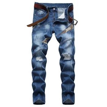 

Denim Ripped Hole MOTO BIKE Straight Jeans Men'S OverSize 38 40 42 2020 Autumn Spring HIP HOP Punk Rock Streetwear Trouers