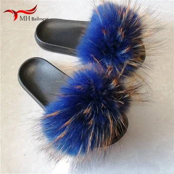 

Summer Real Fox Fur Slippers Luxury Fur Slides Furry Sandals Female Fluffy Indoor Outdoor Flat Shoes Women Big Size 45