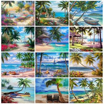 

Huacan Diamond Painting Seaside Vacation Scenery Mosaic Coconut Tree Landscape Diamond Art Handmade Gift