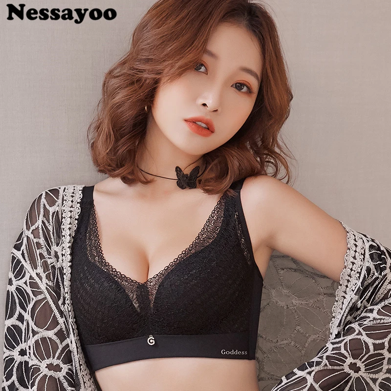

Waistcoat-style Gathering Lace Bra With Sexy Small Chest Cup Lady's Underwear Adjustable Non-Steel Ring Small Size WireFree Bras