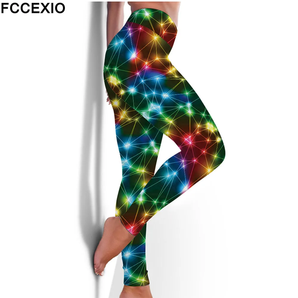 FCCEXIO สูงเอวฟิตเนส Leggings ยืดหยุ่นนีออนโคมไฟ Burn 3D พิมพ์เซ็กซี่