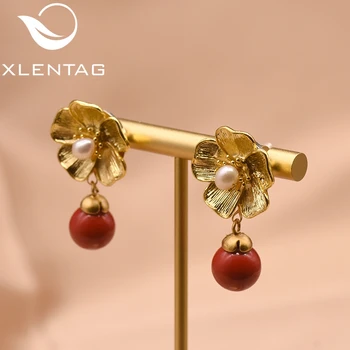 

XlentAg Natural Red Stone Dangle Earrings Fresh Water Pearl Flower Jewelry For Anniversary Women's Boho Fashion Gift GE0041