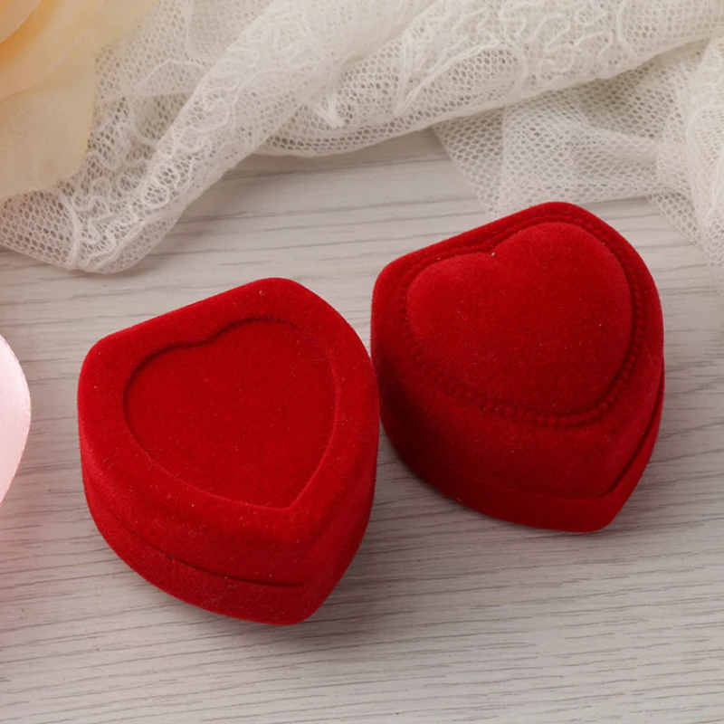 Red Heart Shape Velvet Ring Box Engagement Wedding Jewelry Box Rose Flower Design Gift box Holder for Lover Jewellery Wholesale