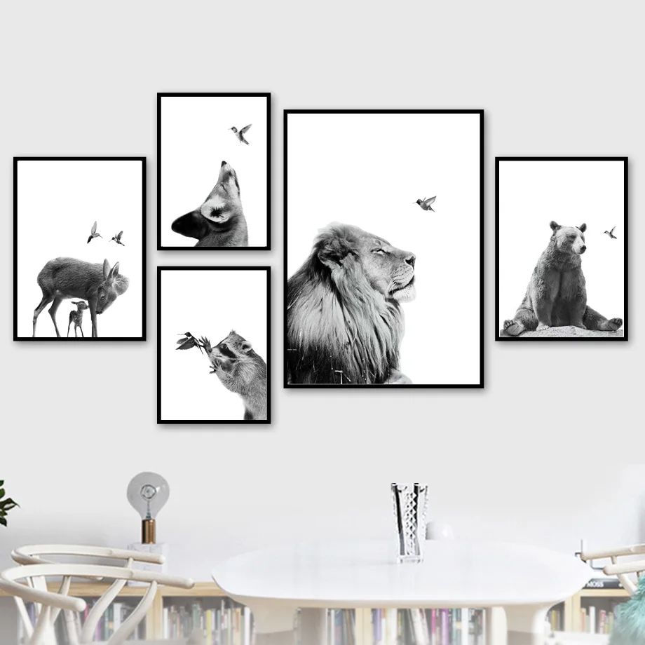 Cute-Bear-Koala-Deer-Fox-Bird-Black-White-Nordic-Posters-And-Prints-Wall-Art-Canvas-Painting