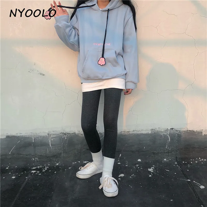 NYOOLO Harajuku стиль милые медвежьи уши свободные толстые теплые толстовки для девочек осень зима длинный рукав с капюшоном Пуловеры Толстовка для женщин