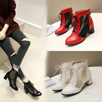 

2020 New summer boots women Ankle Botas Breathable Mesh Ladies Booties Spring and Autumn Round Head Women's Boots Black white 8