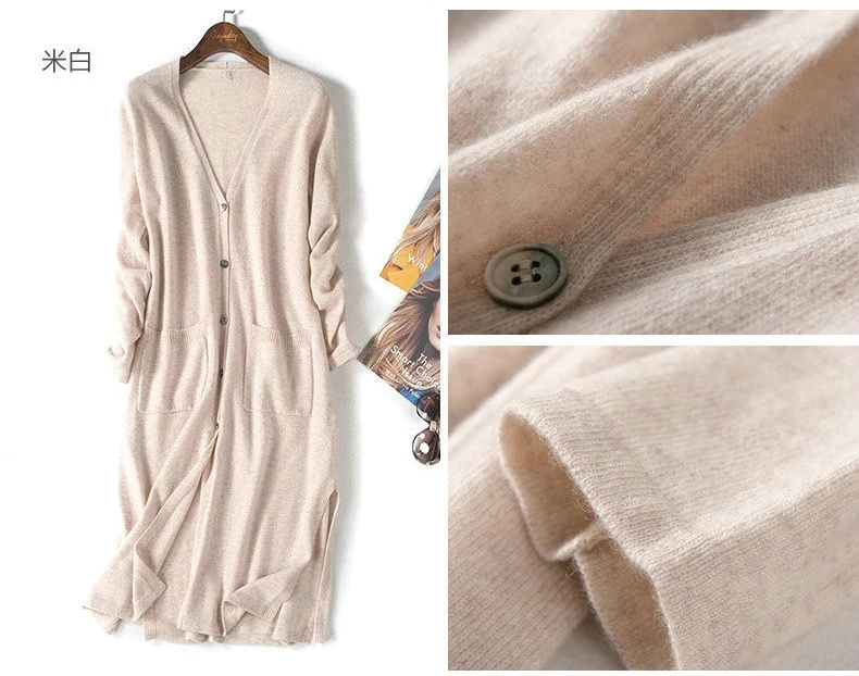 Beige Плюс размер 3XL Женский вязаный кардиган вязаный длинный кашемировый кардиган свитер женский джемпер с v-образным вырезом карман вязаный свитер - Цвет: Beige