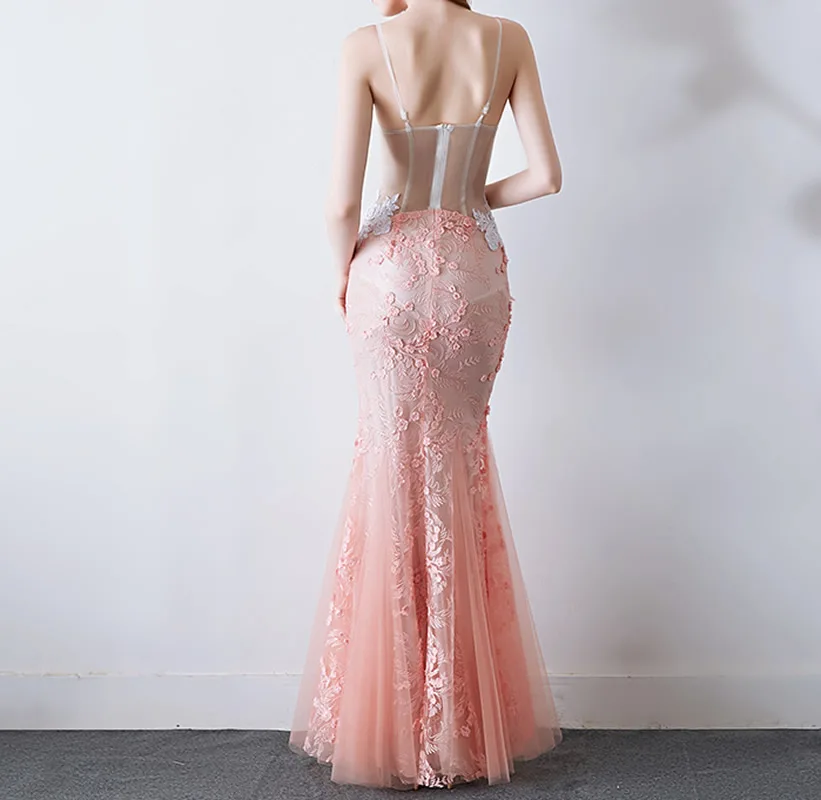 Sexy Mermaid Long Dress See Through Look Backless Mermai Dress Non-Convertible Straps Floral Embroider Long Dresses Pink