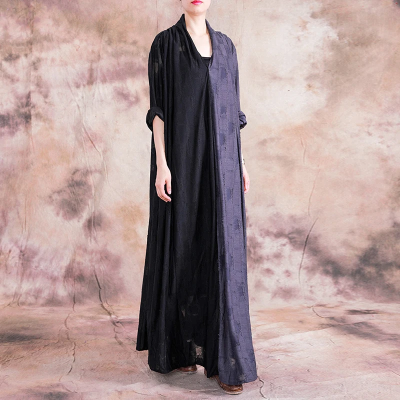 Johnature Patchwork New Autumn Casual Plaid Cotton Linen Maxi Dress Loose Full Sleeve V-neck Fashion Women Dresses
