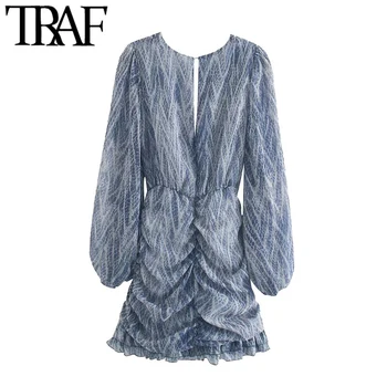 TRAF Women Chic Fashion Animal Print Asymmetric Draped Mini Dress Vintage Long Sleeve Ruffled Female