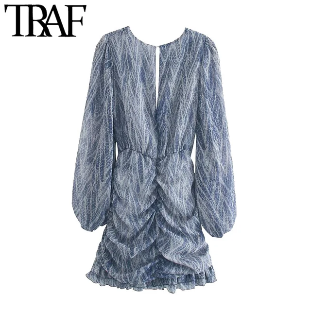 TRAF Women Chic Fashion Animal Print Asymmetric Draped Mini Dress Vintage Long Sleeve Ruffled Female Dresses