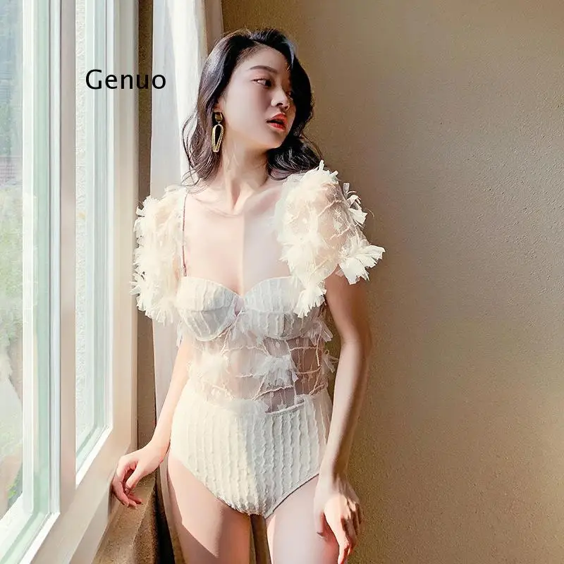 

One Piece Suit Women Bathing Swimsuit Closed Swiming New Korea Ins Sexy Bikini Lace Solid Spandex Slim Girl