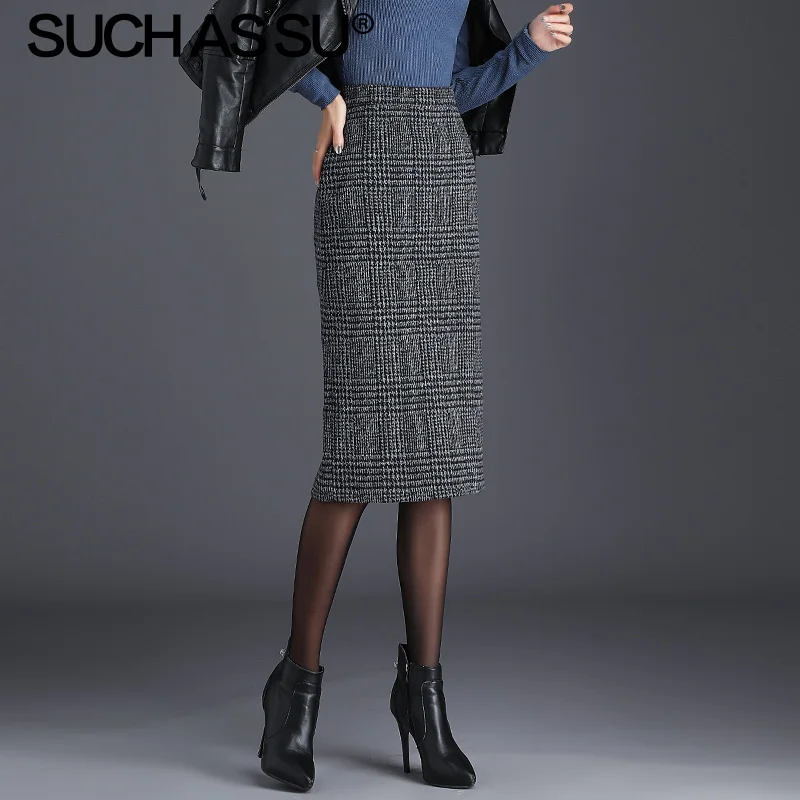 Lattice skirt Новинка, Осень-зима, шерстяные юбки для женщин, в клетку, высокая талия, юбка-карандаш, S-3XL размера плюс, средней длины, Женская юбка с запахом - Цвет: Lattice skirt