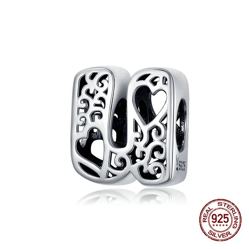 26 алфавитов, A-Z,, серебряные бусины 925 пробы, Подходит для Pandora, браслет, ожерелье, Подвеска для женщин, изготовление ювелирных изделий - Цвет: U
