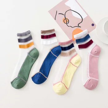 

1 Pair Summer Women Sock Ultrathin Transparent Short Socks Harajuku Striped Crystal Glass Silk Breathable Girls Socks