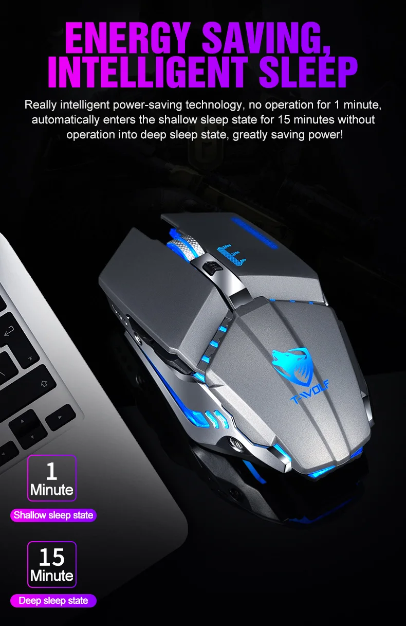 Для T-wolf Q15 USB беспроводная мышь, зарядка, бесшумный светильник, сенсорное колесо, игровая мышь Star Black