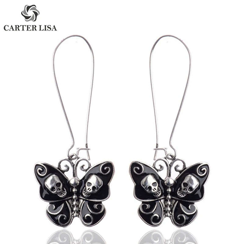 CARTER LISA Punk Balck Skull Butterfly Pendant Boho Statement Drop Dangle Earrings For Women 2019 New Fashion Jewelry kolczyki | Украшения