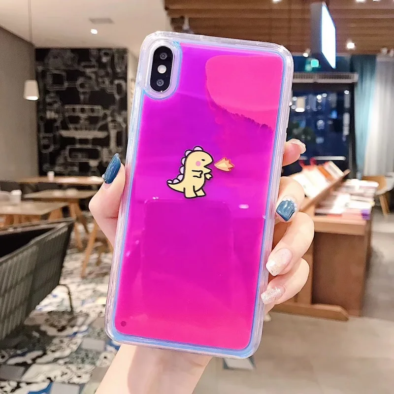 Светящийся неоновый песочный детский чехол динозавра для iphone X XR XS Max для iphone 6 6s 7 8 Plus жидкий Блестящий песок чехол Капа