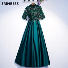 Вечерние платья длинное платье vestido de festa зеленое атласное платье А-силуэта вечернее платье с высоким вырезом официальный с короткими рукавами платье