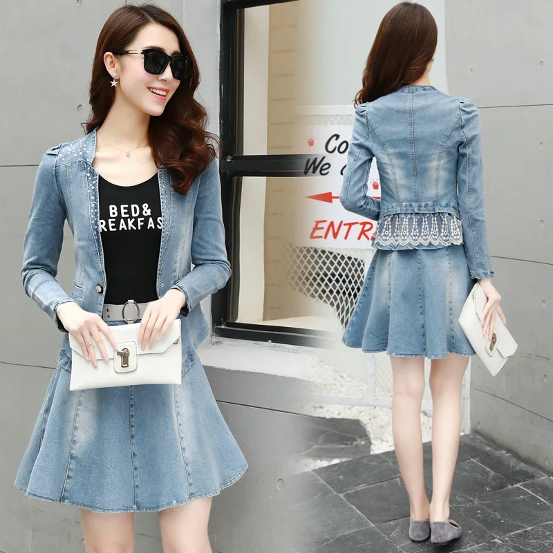 

2018 Spring Clothing New Style Women's Korean-style Versatile Cowboy Dress Outfit Two-Piece Set Students WOMEN'S Dress Elegant F