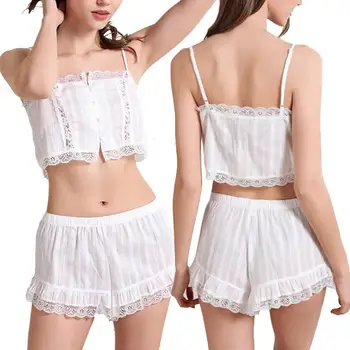 

2020 new Sexy Women Lace Brim Spaghetti Strap Loose Button Crop Top Shorts Set Pajama