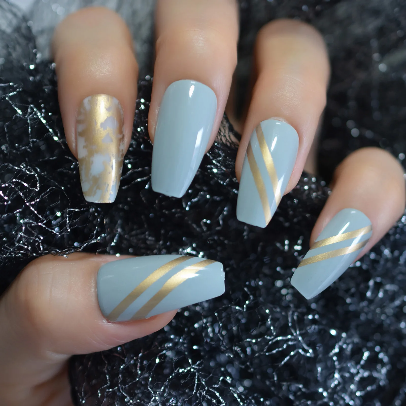 Light Blue Reusable False Nail Full Cover Gold Foil Line Pattern Designs  Decorated Coffin Press On Nails Art Fake Extension Tips _ - AliExpress  Mobile