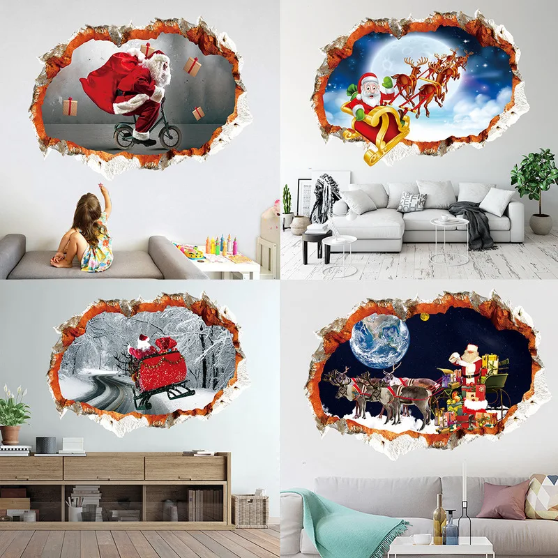 3D Santa Claus Wall Stickers Home Decoration Decals Living Room Bedroom Window New Year Christmas Art Poster Mural | Дом и сад