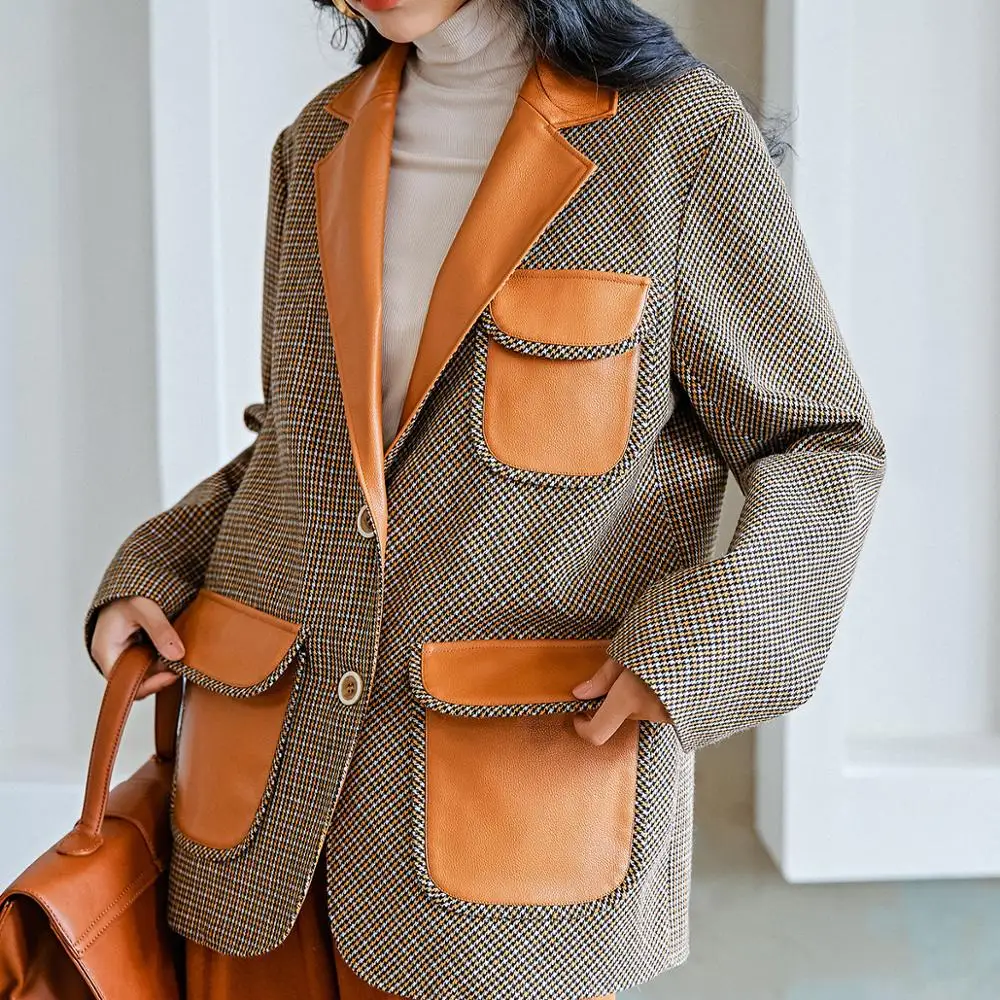 High Quality New Designer Blazer Coat Women Turn Down Collar Leather Patchwork Coat Female Slim Long Blazer Jacket - Цвет: Многоцветный