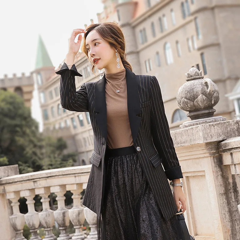 

2019 Autumn New Style Boutique WOMEN'S Dress Slim Fit Business Suit One-Button Stripes Mid-length Small Suit Coat Women's