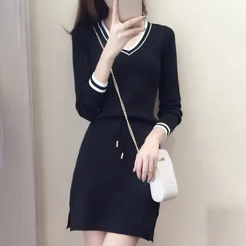 

Autumn Slim Fit Women A-Line Dress Solid Color Side Slit DressFemale Wild V-neck Long-sleeve Mini Dresses