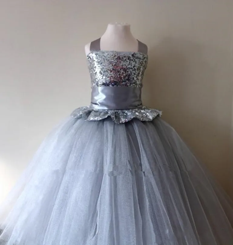 

Puffy Tulle Silver Sequins Girls Dresses Ball Gown Kids Clothes Birthday Dress Children Costume 1-14Y