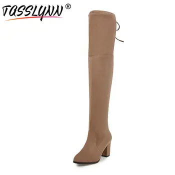 

TASSLYNN 2020 Women Boots Flock Look Slim Winter Long Boots Over The Knee Boots Square High Heels Women Pointed Toe Shoes 34-43