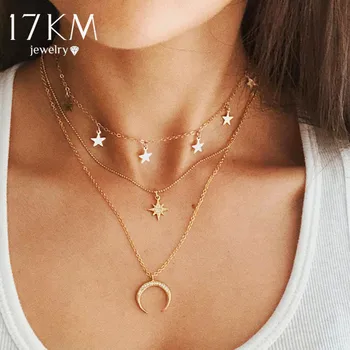 

17KM Vintage Multilayer Pendant Necklace For Women Bohemian 2019 New Gold Round Heart Moon Star Choker Necklace Trendy Jewelry