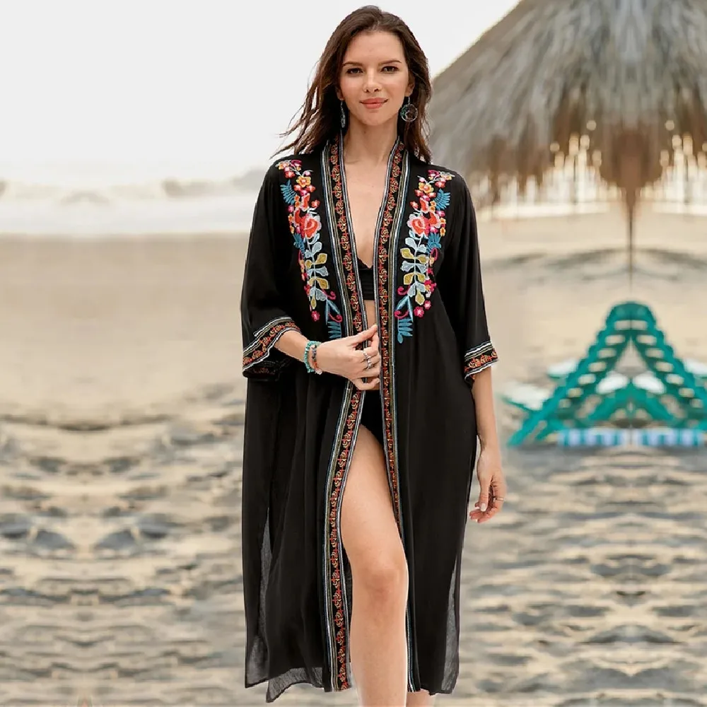 Embroidered Black Kimonos | Kimono Embroidered Beach | Embroidered Kimono  Top - 2023 - Aliexpress