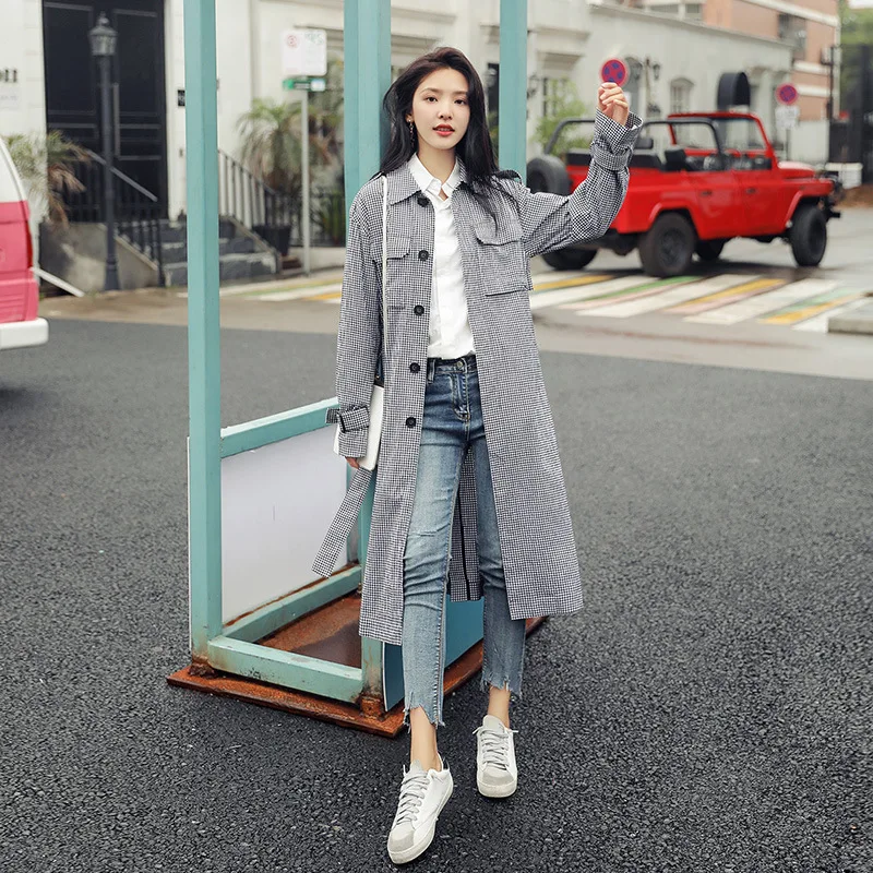 

Trench Coat Women's 2019 Spring Clothing New Style WOMEN'S Dress Korean-style Students Loose-Fit Coat Mid-length Plaid Trench Co