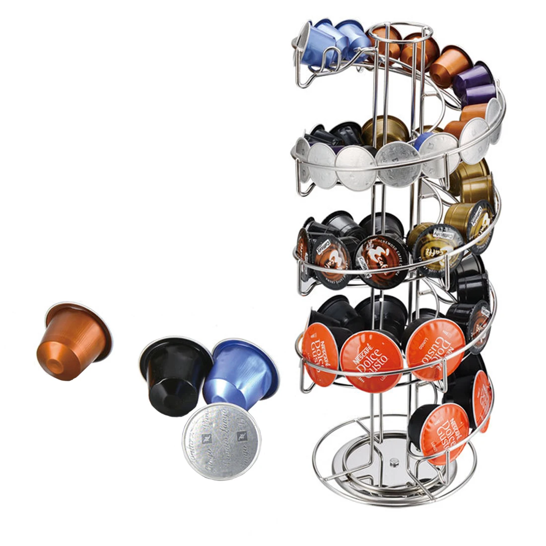 

Capsule Coffee Holder Carousel Showing Stand with 36 Pod Capacity - Silver