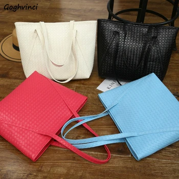 

PU Leather Woven Tote Bags for Women Simple Solid Large Capacity Handbags Fashion Casual Shopper Shoulder Bag Zipper All-match