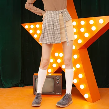

Women High Waist Irregular Slim A-line Skirt Pleated Skirt Fall Plaid Mosaic Anti - Slip Lining