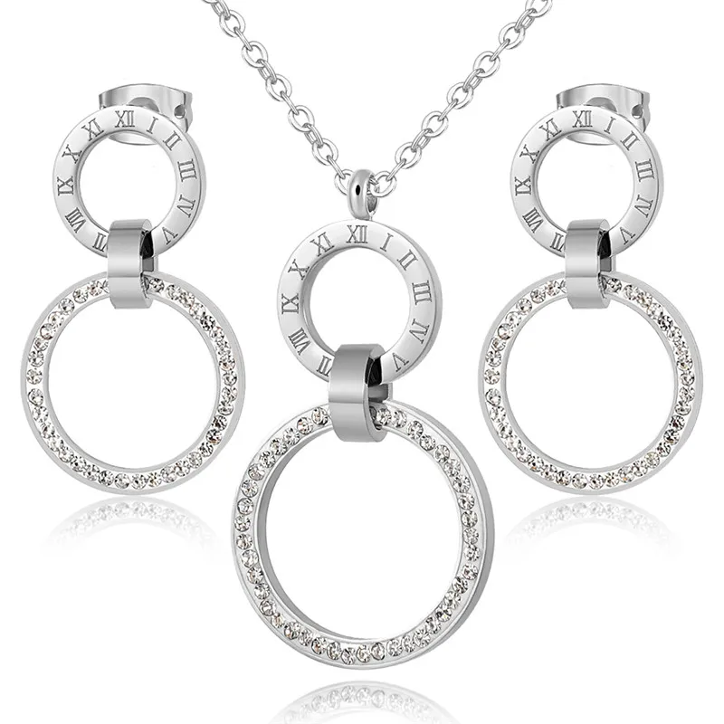 Roman Numeral Choker Necklace & Earrings Sets Full Crystals Stainless Steel Round Circle Clavicle Necklace for Women jewelry sets jewelry set women earrings chain necklace