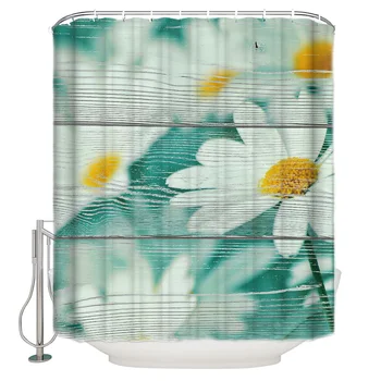 

Vintage Wood Textured Background With Yellow And White Flowers Waterproof Polyester Shower Curtain 2 Hooks