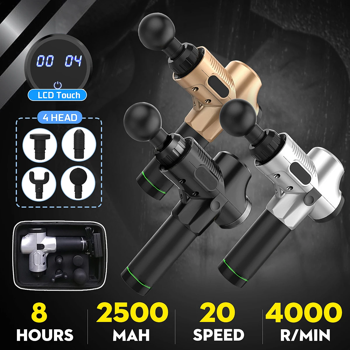 Online 4000r min Therapy Massage Guns 20Files LED Muscle Massager Pain Sport Massage Machine Relax Body Slimming Relief 4Heads With Bag
