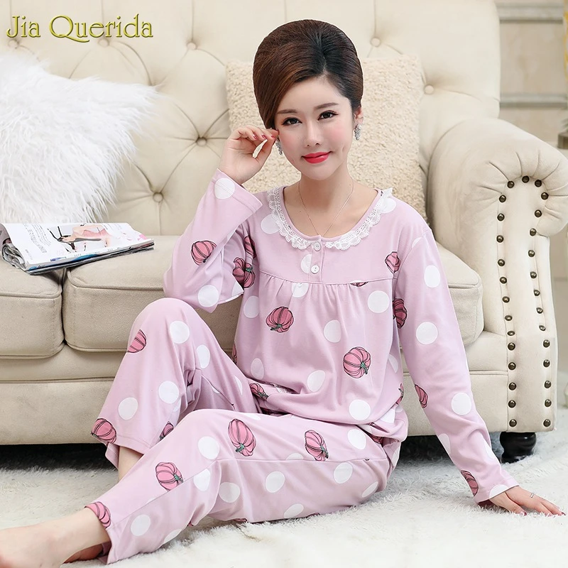 エレガントな女性パジャマかわいいトマトポルカドット印刷レーストリムラウンドネック女性の家庭の衣類の綿パジャマセットプラスサイズ パジャマセット Aliexpress