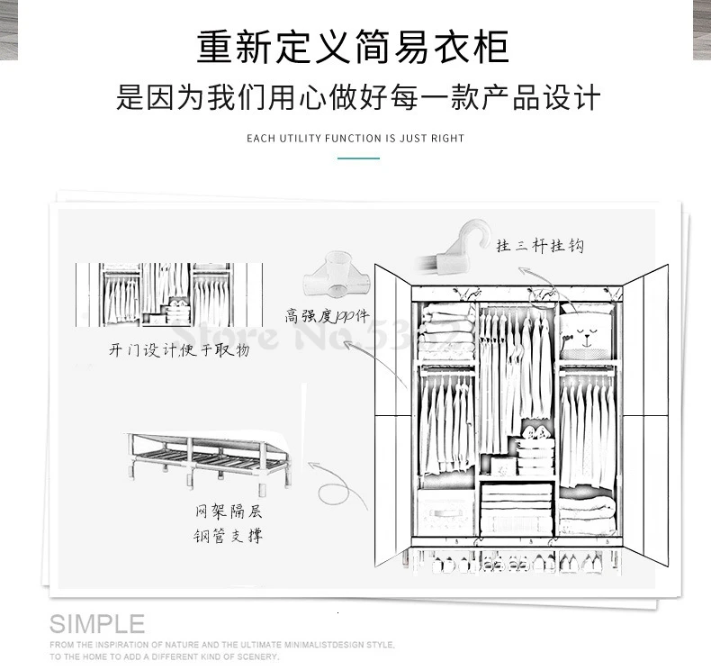 Простой шкаф для одежды стальная труба утолщенная стальная рама двойная домашняя спальня открытая дверь в сборе подвесная