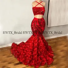 Длинное Сверкающее красное платье для выпускного вечера сексуальное платье с бретелькой через шею с 3D розами и пайетками в африканском стиле для женщин, черные вечерние платья для выпускного вечера
