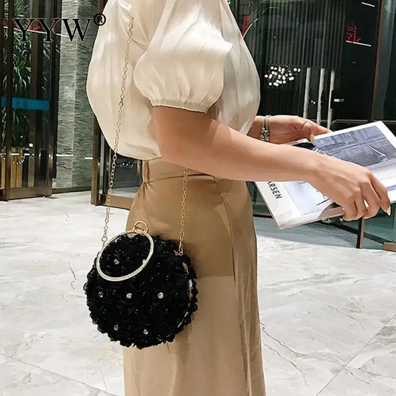 Black Floral Round Clutch Bag Female Elegant Evening Round Circle Ring Handbags Rhinestone Wedding Pouch Party Cocktail Clutches