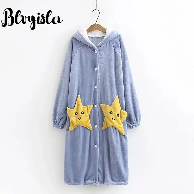 Blvyisla XXL плюс фланелевая ночная рубашка со звездным карманом с вышитым смайликом женская ночная рубашка с капюшоном свободное теплое платье