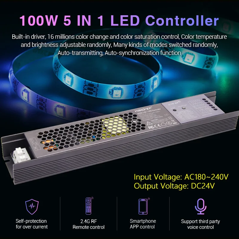 AC180~240V 100W 5 IN 1 LED Controller Built-in power supply 2.4G RF/WIFI /APP/voice control for DC24V RGB RGBW RGB+CCT LED strip easun power 3600w solar inverter mppt 80a solar charger 24v dc 220 230v ac off grid inverter built in wifi