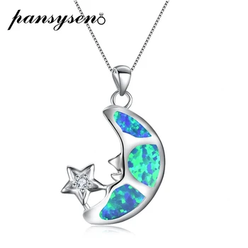 

PANSYSEN 100% 925 Sterling Silver Natural Blue White Fire Opal Moon Star Pendant Necklaces for Women Fine Jewelry Birthday Gift